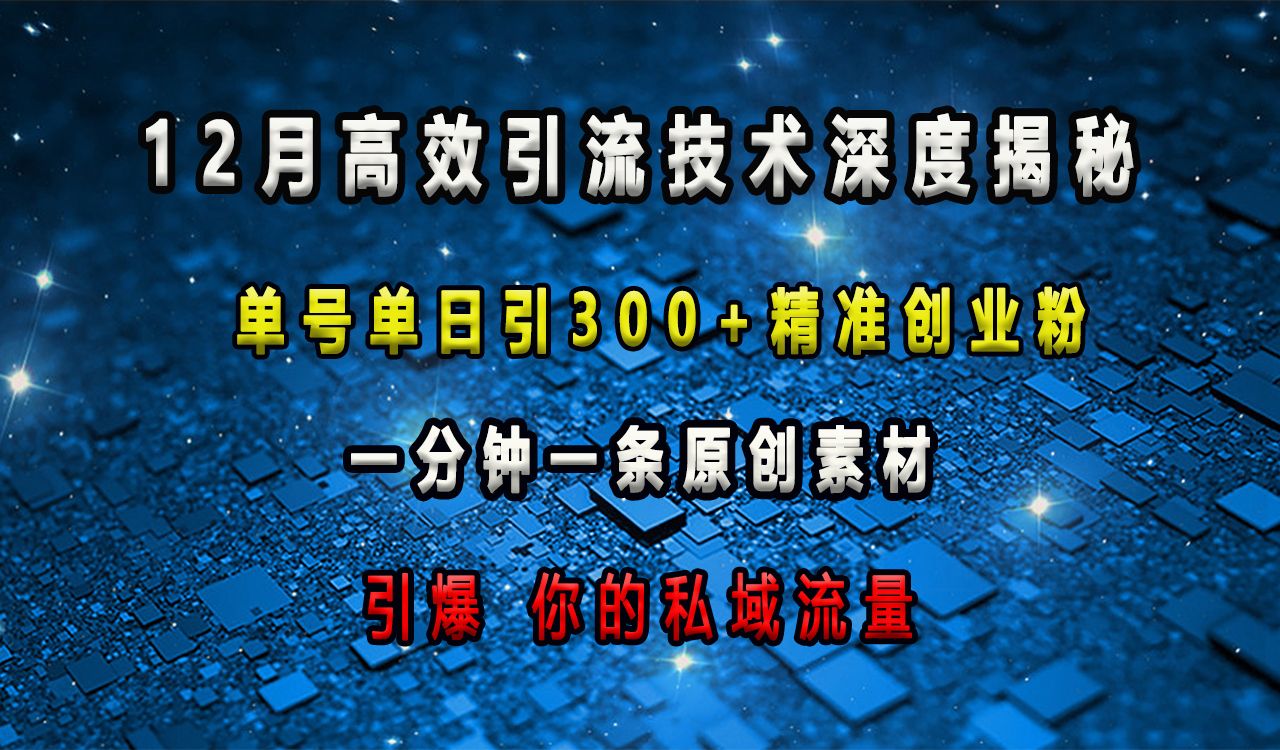 12月高效引流技术深度揭秘 ,单号单日引300+精准创业粉,一分钟一条原创素材,引爆你的私域流量|明哥资源