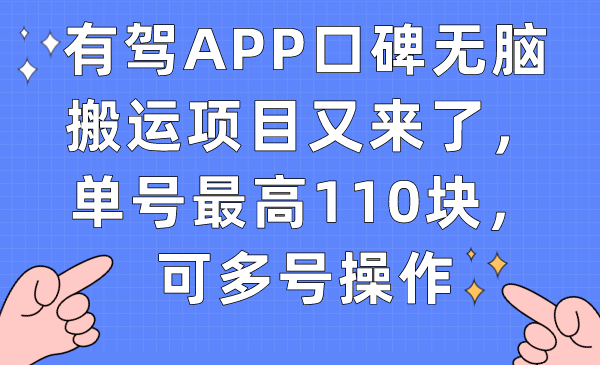 有驾APP口碑无脑搬运项目又来了，单号最高110块，可多号操作|明哥资源