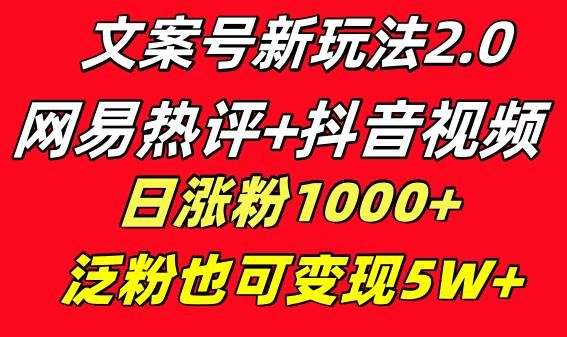 文案号新玩法 网易热评+抖音文案 一天涨粉1000+ 多种变现模式 泛粉也可变现|明哥资源