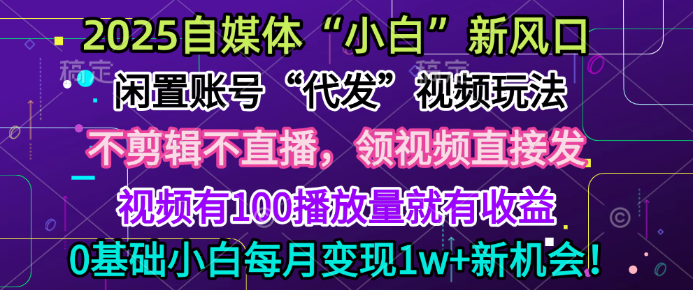 2025每月躺赚5w+新机会，闲置视频账号一键代发玩法，0粉不实名不剪辑，领了视频直接发，0基础小白也能日入300+|明哥资源