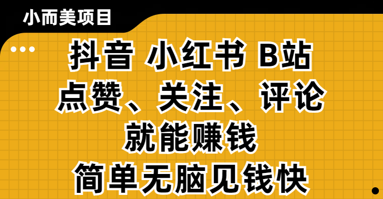 小而美的项目，抖音、小红书、B站视频点赞、关注、评论就能赚钱，简单无脑立见收益！妥妥的零撸项目|明哥资源
