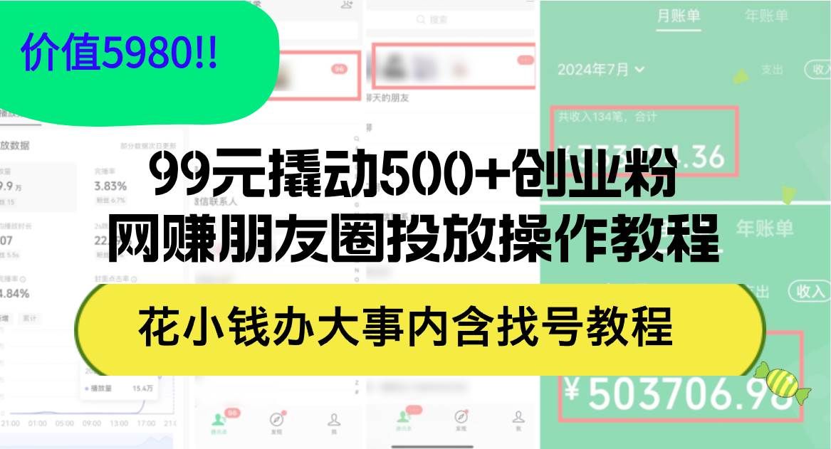 99元撬动500+创业粉，网赚朋友圈投放操作教程价值5980！花小钱办大事内...|明哥资源