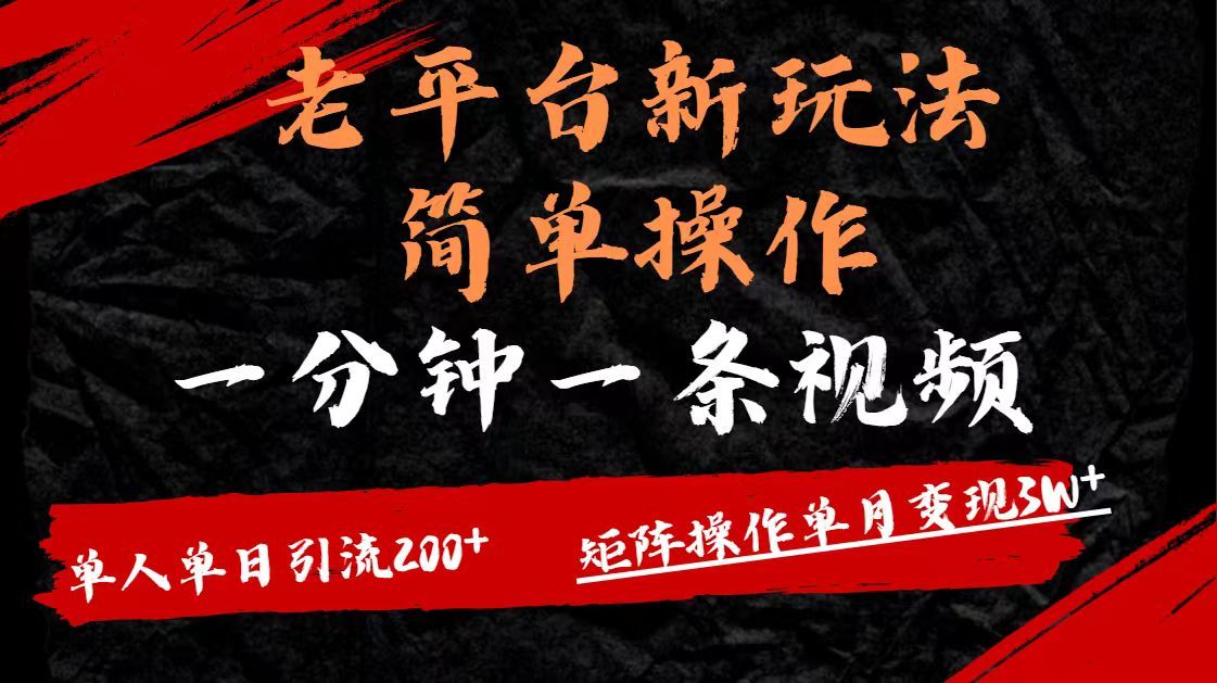 老平台，新玩法，简单操作，一分钟一条视频，单人单人引流200+矩阵操作，单月变现3W|明哥资源