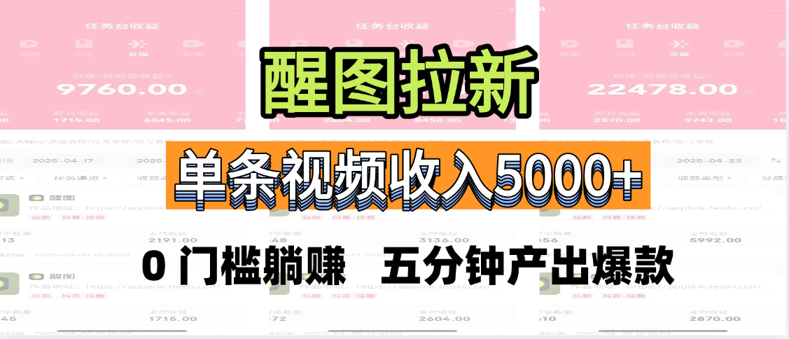 醒图拉新,0 门槛躺赚,五分钟产出爆款,单条视频收入5000+|明哥资源