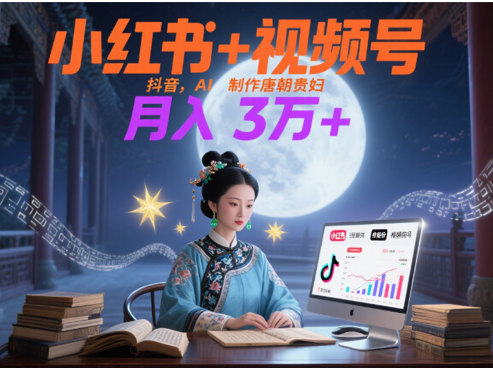 小红书+视频号+抖音，AI轻松制作唐朝贵妇IP，毒鸡汤、励志、减肥瘦身、养生赛道轻松切入，每天30分钟，轻松产出N条，月入3万+ |明哥资源