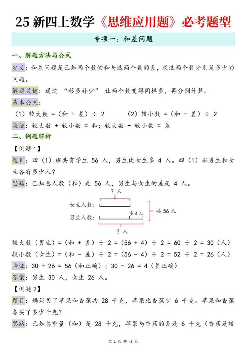 25新四上数学思维应用题十大必考题型训练合集（含答案54页）|明哥资源