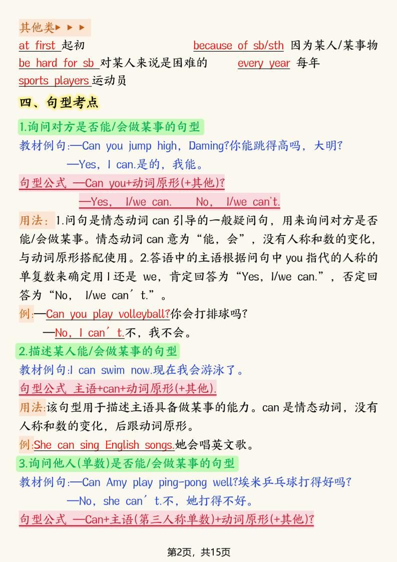 新版外研版四年级上英语考点记读单15页|明哥资源