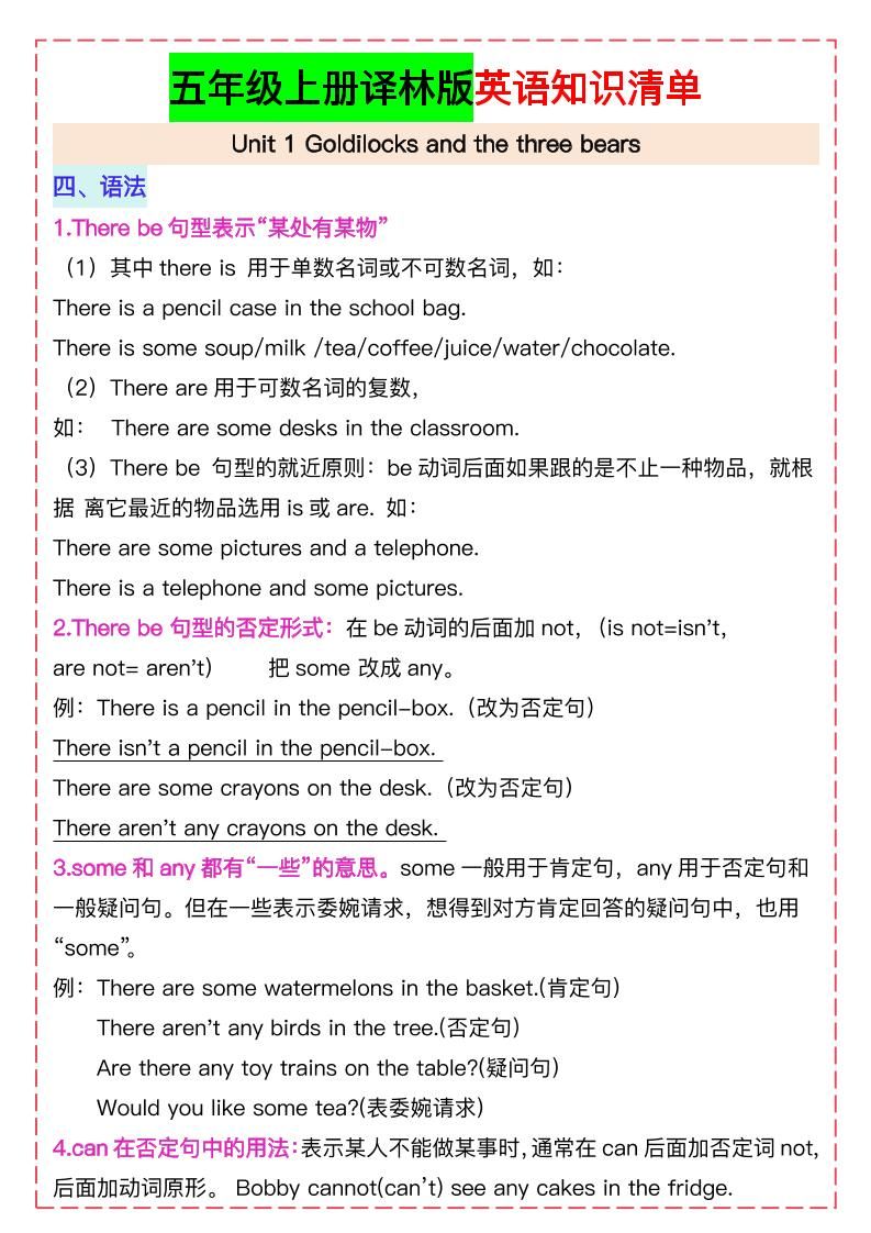 五上译林版英语知识清单21页|明哥资源