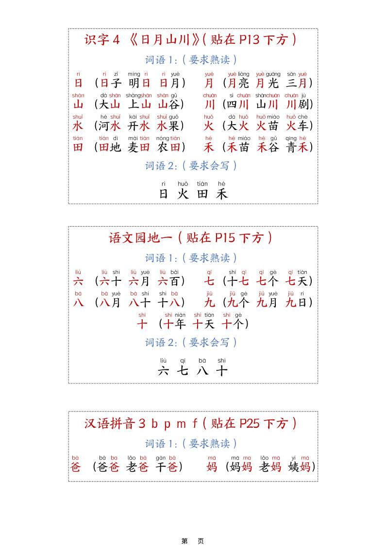 新一上语文生字组词课课贴15页|明哥资源