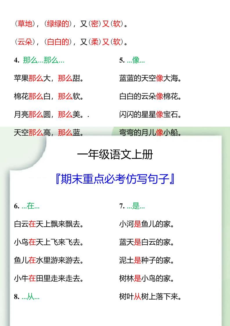 【2025秋新版】一年级语文上册期末重点必考仿写句子|明哥资源