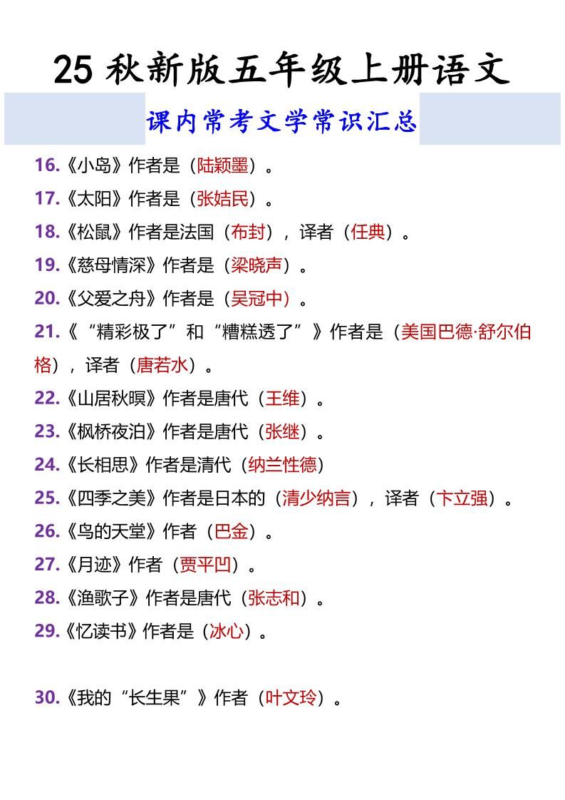 【2025秋新版】五年级上册语文课内常考文学常识汇总|明哥资源