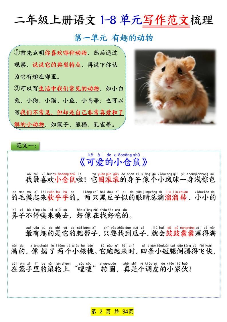 25新二上语文1-8单元看图写话必背范文33篇34页|明哥资源