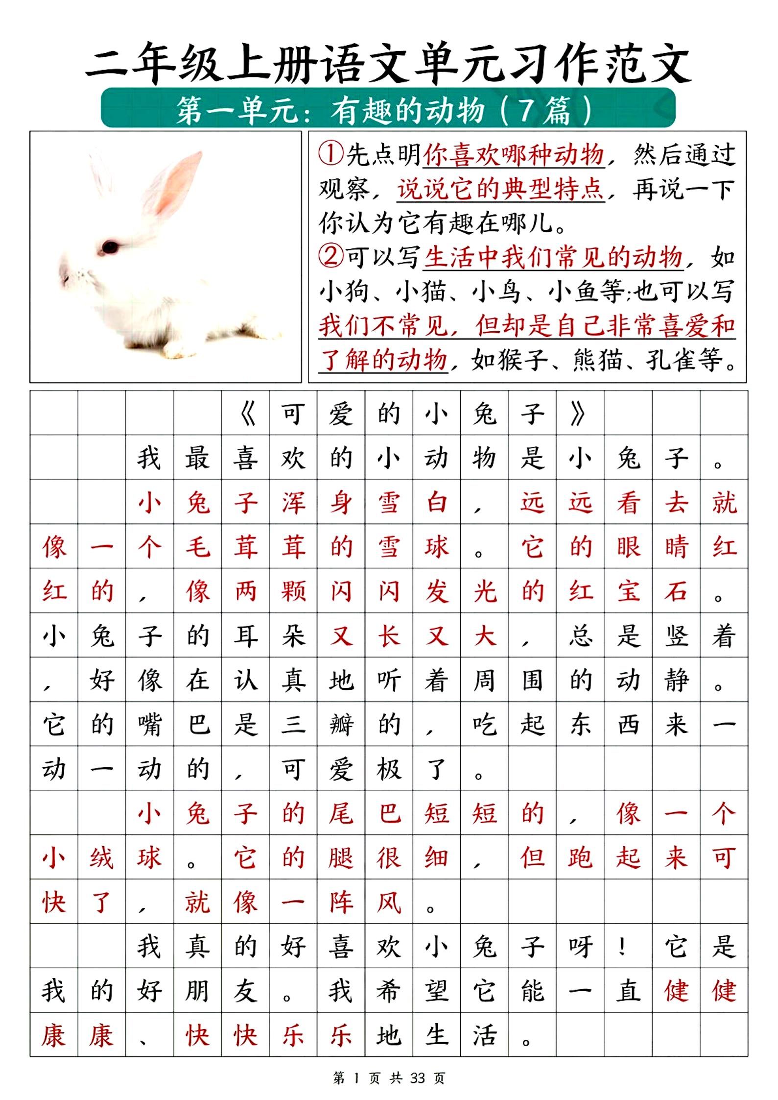 二上语文1-8单元必备优秀写作范文33篇（33页）|明哥资源