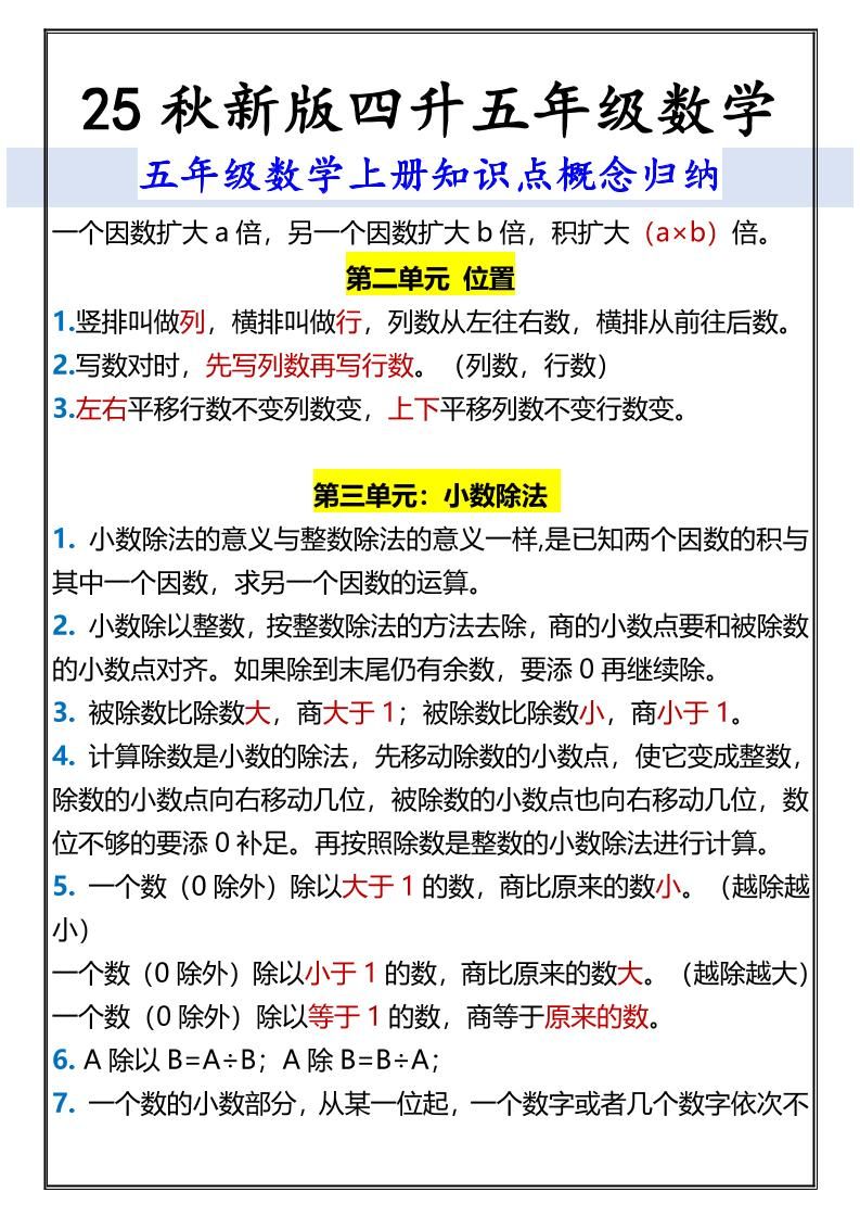 【2025秋新版】五年级数学上册知识点概念归纳|明哥资源