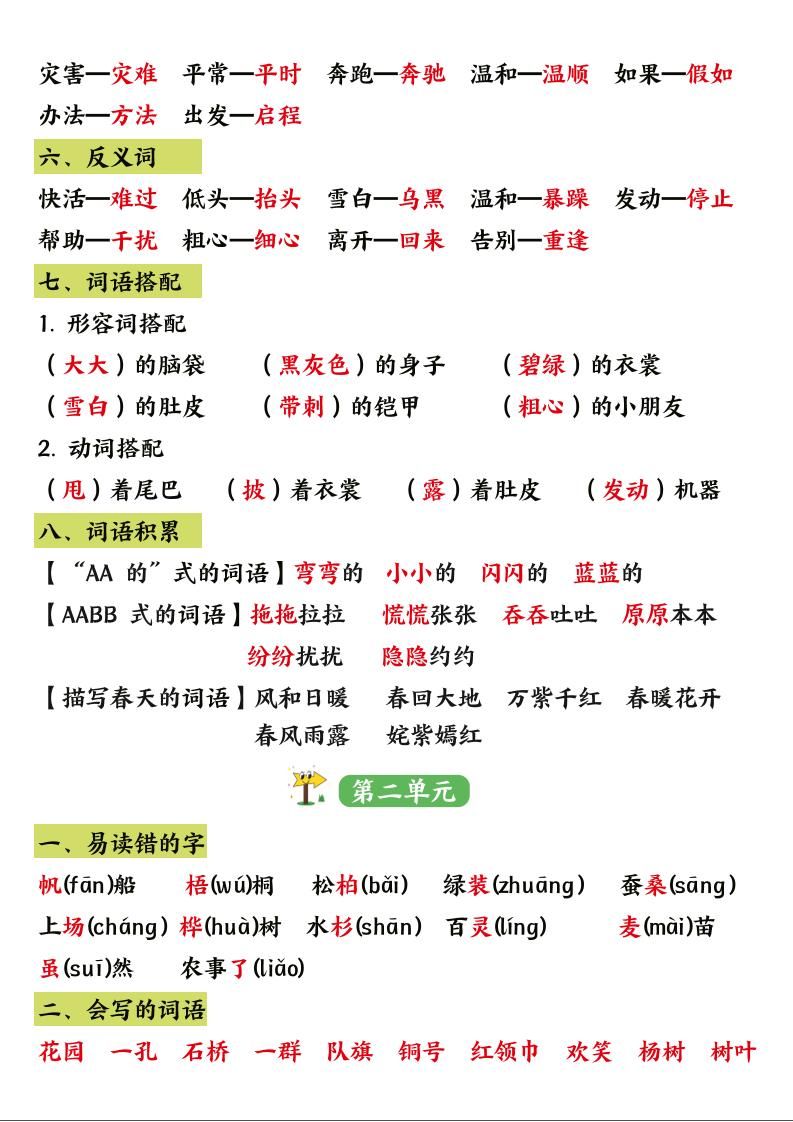二年级语文上册1-8单元重点知识汇总|明哥资源