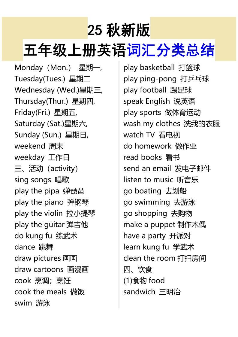 【2025秋新版】五年级上册英语词汇分类总结|明哥资源