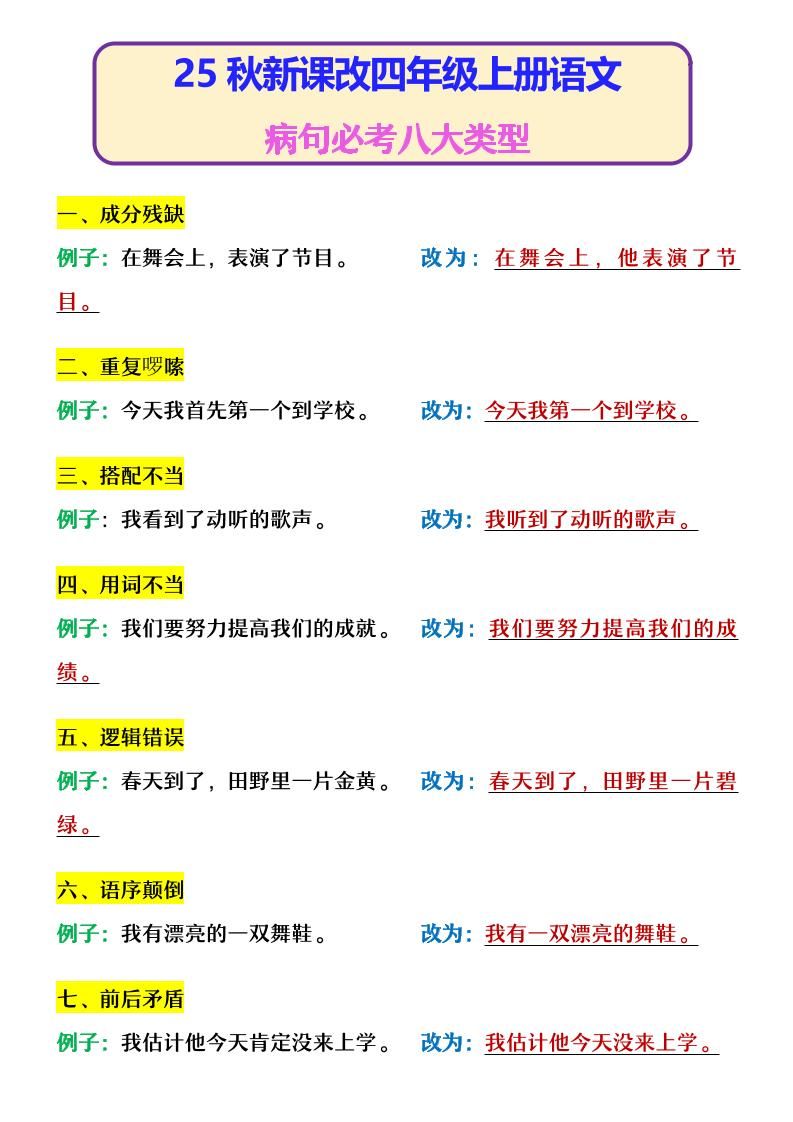 【2025秋新版】四年级上册语文病句必考八大类型|明哥资源