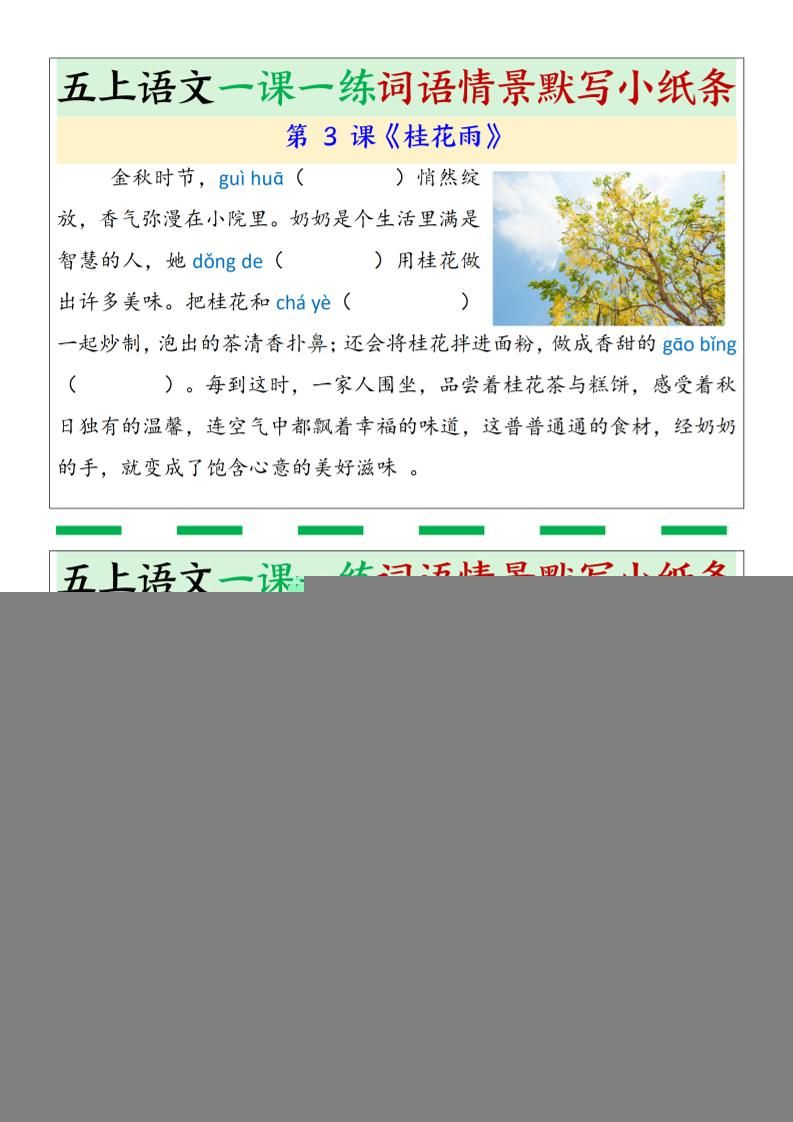 五上语文一课一练词语情景默写小纸条（含答案26页）|明哥资源