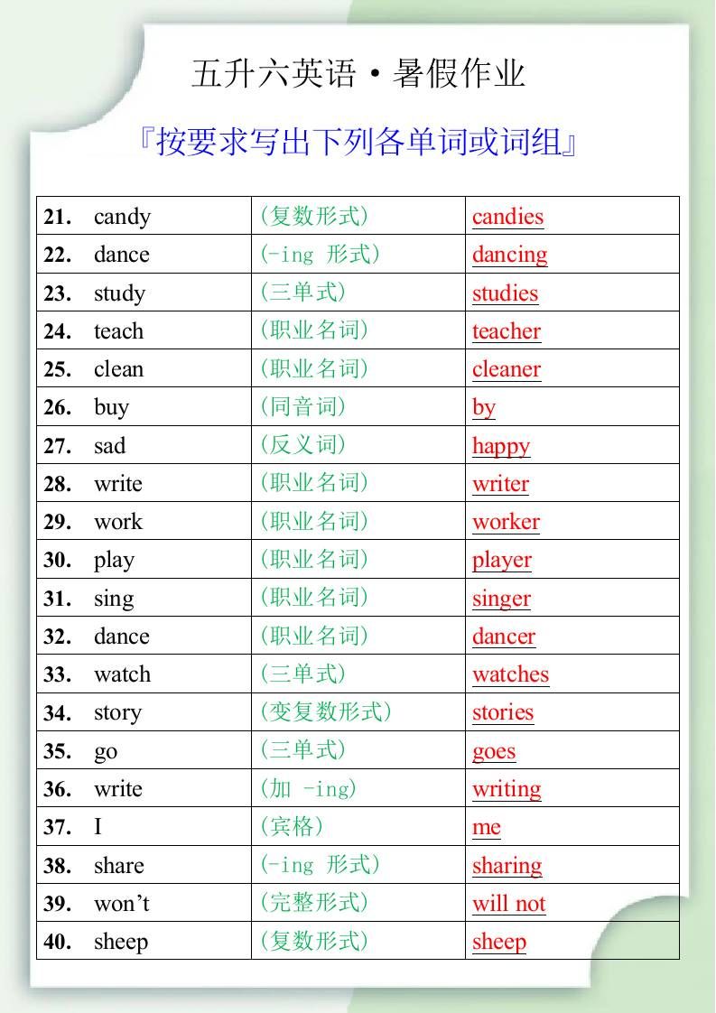 五升六英语暑假作业之按要求写出下列各单词或词组-六上英语|明哥资源