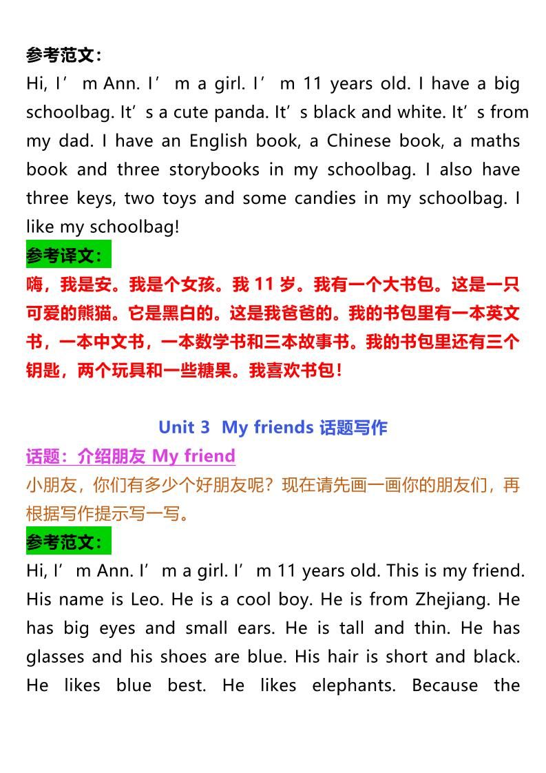 【2025秋新版】四年级上册英语各单元话题优秀作文范文|明哥资源