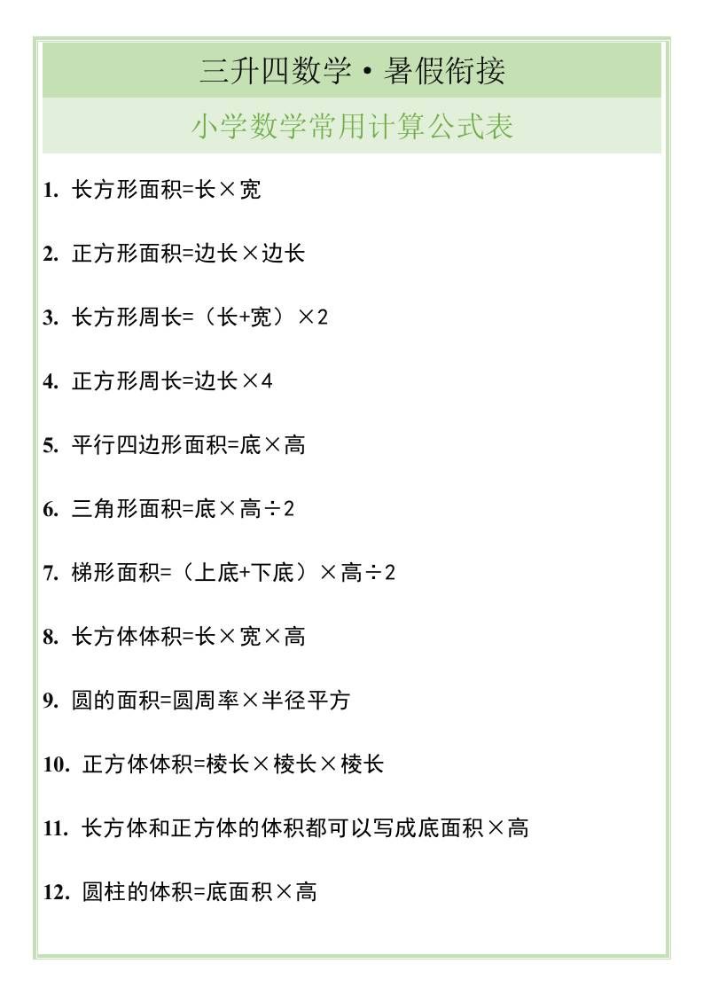 三升四暑假衔接，小学数学常用计算公式表-四上数学|明哥资源