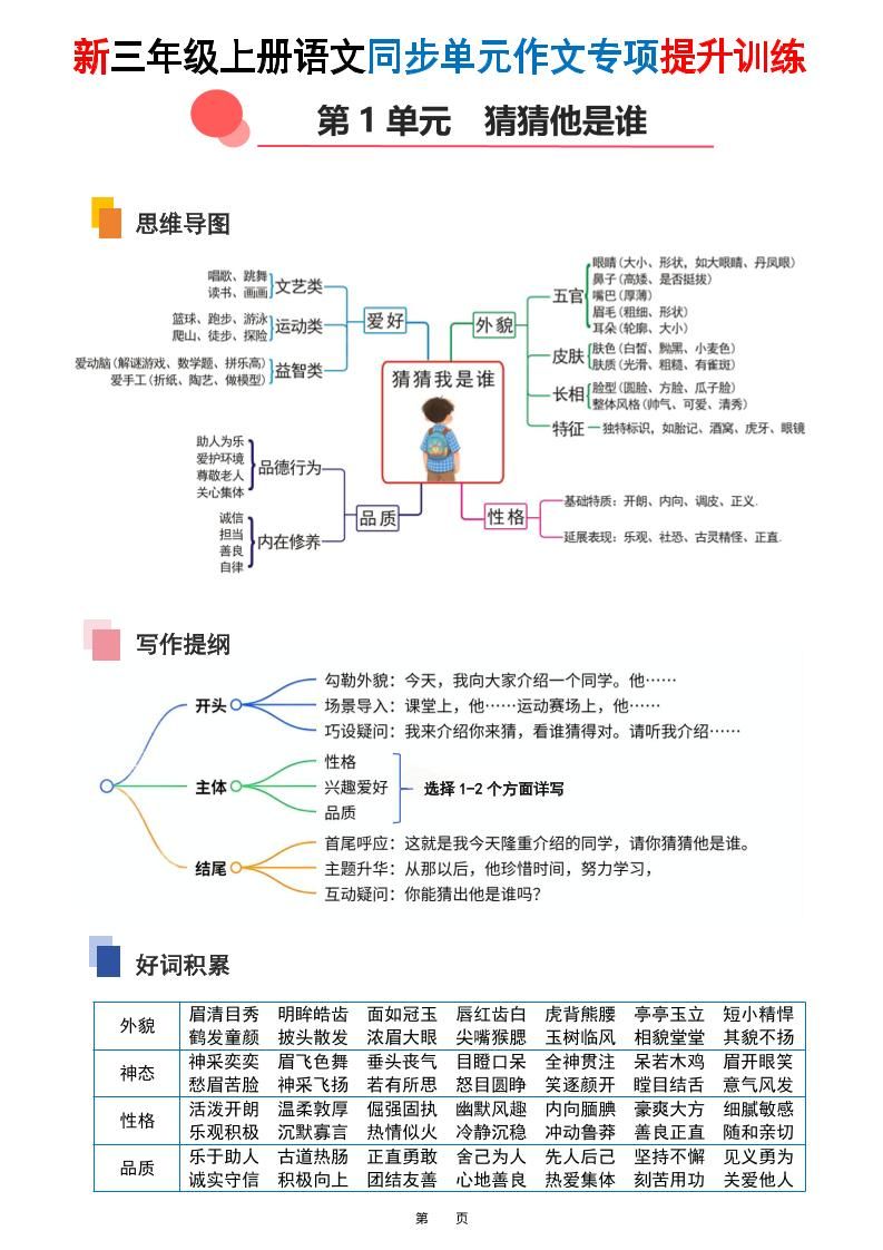 新三上语文同步单元作文专项提升训练（答案版48页）|明哥资源