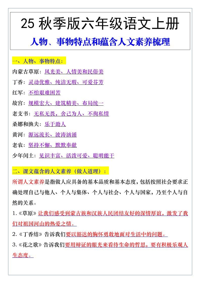 【2025秋新版】六年级语文上册人物、事物特点和蕴含人文素养梳理|明哥资源